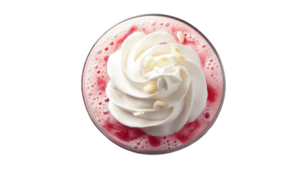 Strawberry milkshake with whipped cream topping, top-down view, PNG with shadowless edges