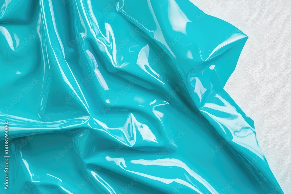 Poster draped turquoise glossy fabric with wavy folds and reflections, creating an abstract texture.