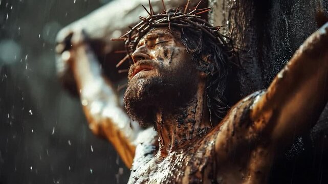 Jesus on the Cross in Rain, Bloody and in Agony, Close-Up Cinematic Crucifixion Scene