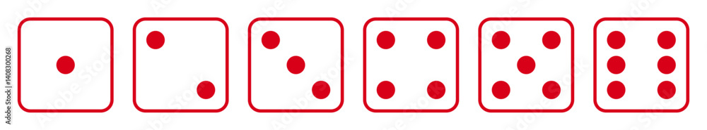 Poster die icon set with all six faces in red color outline. ludo game dice symbols collection in outline s