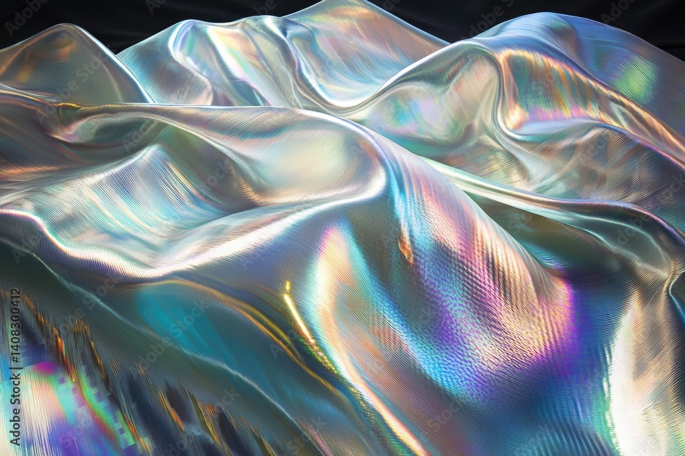 Poster abstract iridescent fabric with flowing, wavy texture creates a mesmerizing visual experience.