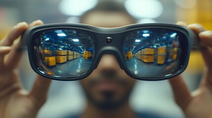 Industrial worker wearing augmented reality glasses.