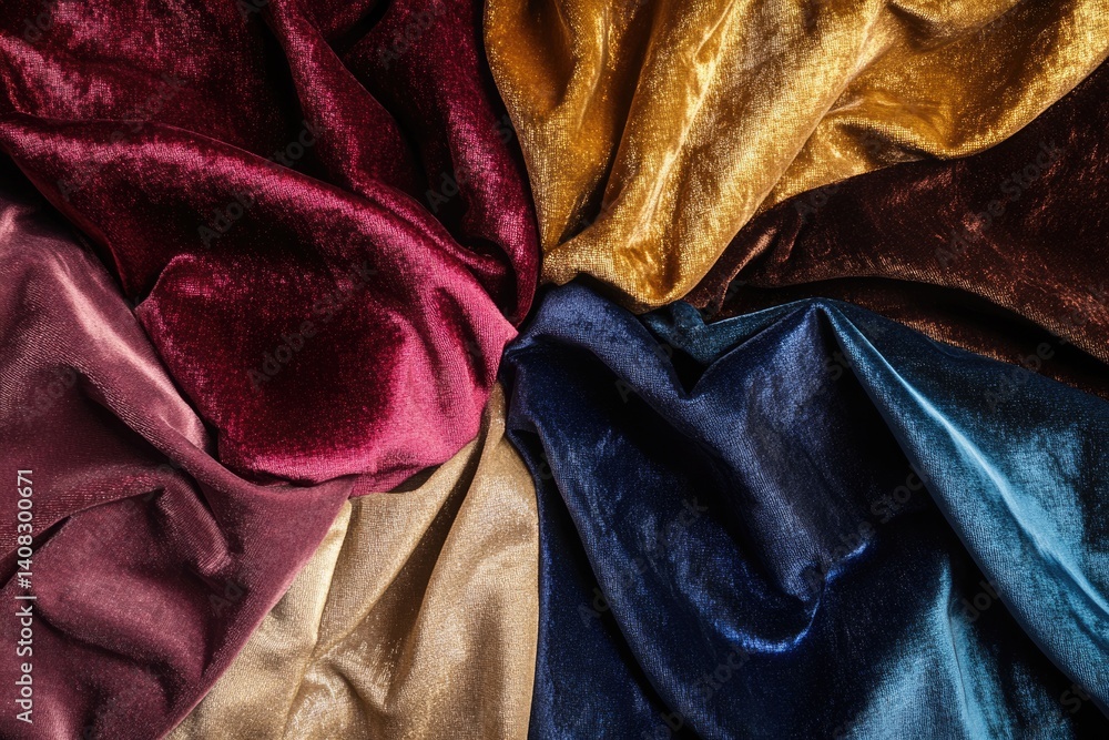 Poster luxurious velvet fabrics in various rich colors arranged in a circular pattern showcasing texture an