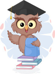 Cute smart owl with backpack sitting on books. Colorful back to school illustration
