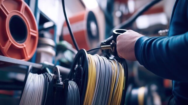 Cable installer pulling fiber optic cables through conduit. Featuring technical skill and precision