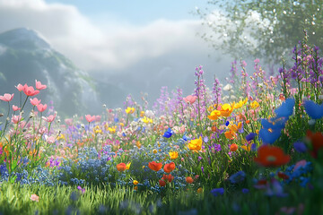 Vibrant meadow blossoms against a backdrop of misty mountains.