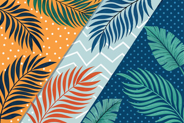 Vivid illustration of bold, layered palm leaves dramatically overlapping a patterned beach towel, creating a tropical summer vibe.