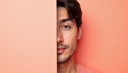 Young man with a thoughtful expression against a coral background  