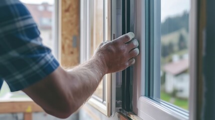 Builder installing windows at a construction site. Featuring skill and attention to detail