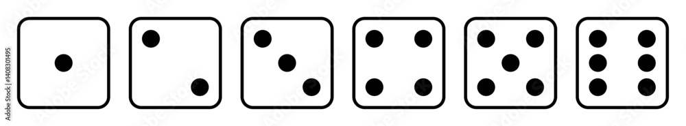 Poster die icon set with all six faces in black color outline. ludo game dice symbols collection in outline