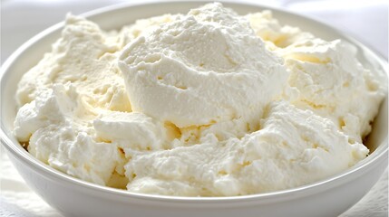 Creamy, fluffy whipped topping in a white bowl.
