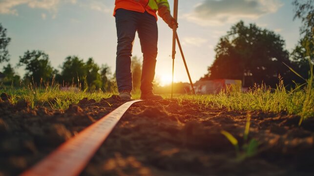 Surveyor marking construction boundaries with a measuring tool. Featuring accuracy and focus