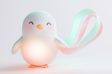 A cute, chubby, 3D-rendered penguin chick happily holds pastel ribbons.