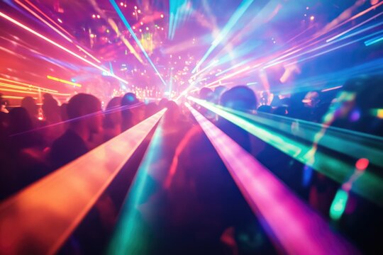 Blurry silhouettes of partygoers illuminated by vibrant laser beams in a nightclub setting.