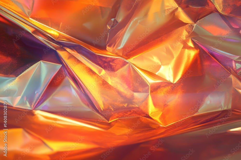 Poster abstract image of crumpled iridescent foil with warm, orange and gold hues, creating a dynamic textu