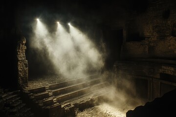 Fototapeta premium Three spotlights illuminate a dusty, ruined amphitheater, creating an atmospheric scene.