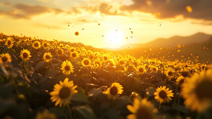 Fototapeta premium Golden sunset over a field of sunflowers.