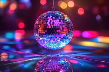 A disco ball hangs in a vibrant, colorful nightclub setting, reflecting dazzling lights.