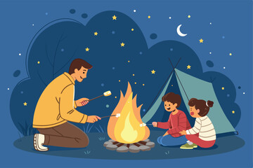 A heartwarming scene of a father and his children happily roasting marshmallows over a campfire during a camping trip, under a starry night sky.