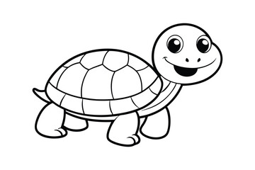 Line art illustration of a cartoon drawing of a cute turtle with a big smile for kids coloring page.eps