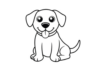 Line art illustration of a cartoon drawing of a happy puppy sitting with its tongue out for kids coloring page.eps