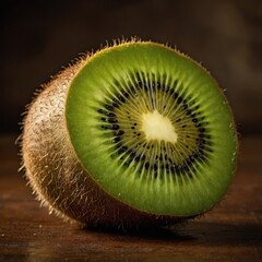 a detailed studio photo of a single kiwi fruit with rough brown skin and visible fibrous texture