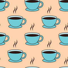 Seamless kitchen pattern with coffee cups and a brown background