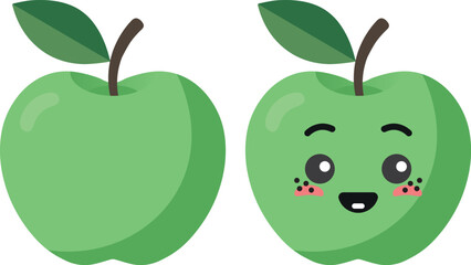 Green apple with kawaii eyes. Flat design vector illustration of green apple.
