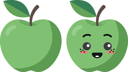 Green apple with kawaii eyes. Flat design vector illustration of green apple.