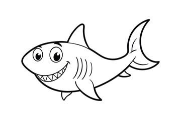 Line art illustration of a cartoon shark with a friendly face for kids coloring page.eps