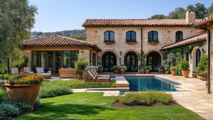 Obraz premium Tuscan-Style Villa with Pool and Lush Landscaping