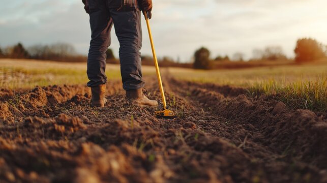 Surveyor marking land boundaries using a laser level. Featuring accuracy and technology