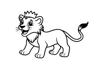 Line art illustration of a cartoon lion cub wearing a tiny crown for kids coloring page.eps