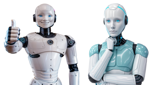 There are two robots standing side by side, and one of them is enthusiastically giving a thumbs up gesture to the other one