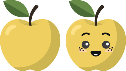 Yellow apple with kawaii eyes. Flat design vector illustration of yellow apple.