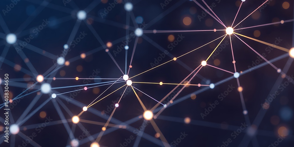 Poster abstract network with glowing nodes and connecting lines against a dark blue background design