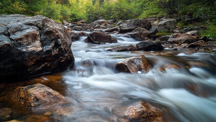 Fototapeta premium Serene Forest Stream: A Tranquil River Scene