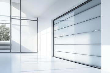 Obraz premium Modern minimalist interior design featuring a frosted glass sliding door and large windows, bathed in sunlight.