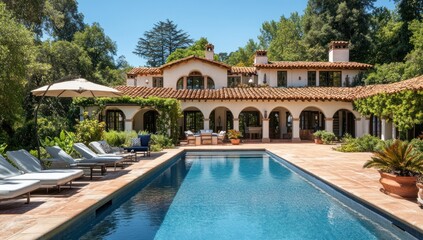 Fototapeta premium Mediterranean Estate with Pool and Lush Landscaping