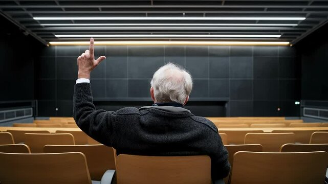 An elderly man sits surrounded by empty chairs, raising his hand in a spacious auditorium. He seems eager to engage, ready to ask questions and participate in discussions.