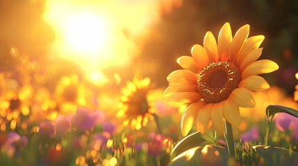 Obraz premium Golden sunflowers bathed in warm sunlight at sunset.