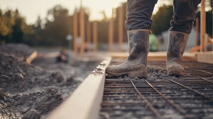 Builder laying foundation at a construction site. Featuring strength and precision