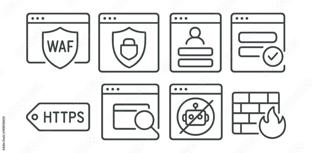 Poster set of eight security icons: waf, shield, user, checkmark, https, magnifying glass, robot, firewall.