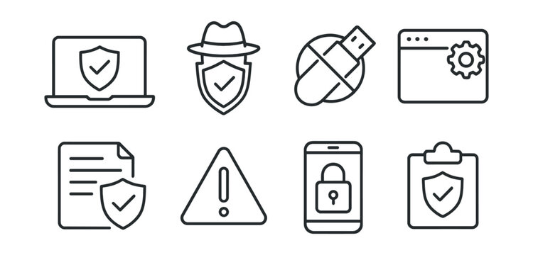 Line style icons of endpoint security: secured laptop, antivirus agent, device control, patch manager, endpoint policy, alert icon, device lock, compliance check.