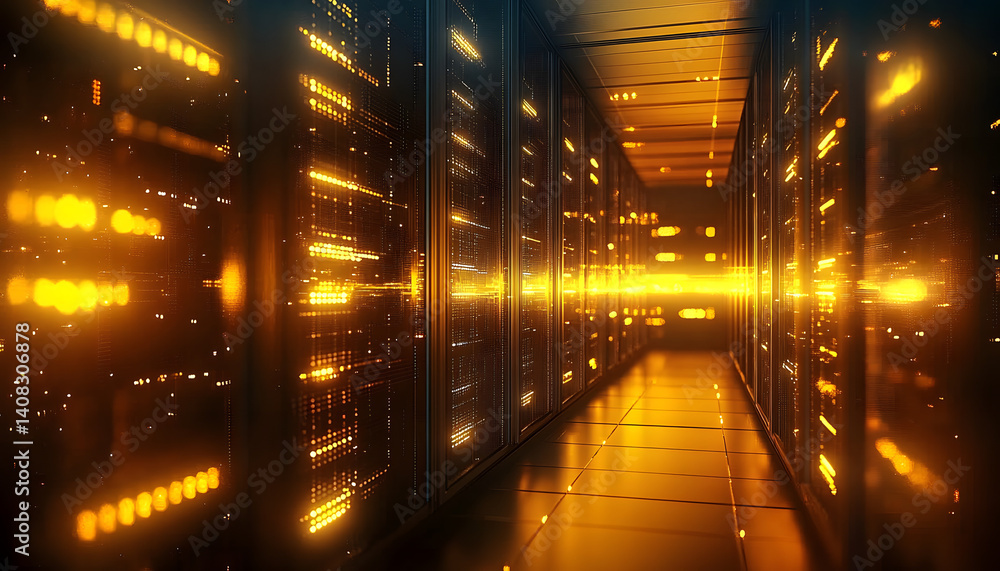 Poster server room of data center with data storage servers isp render farms behind glass panels with yello
