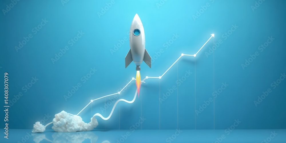 Poster rocket launching with a line graph showing growth on a blue background in a studio shot