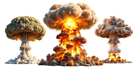 Set of nuclear explosions and mushroom cloud isolated on white backgroundPNG ai generated