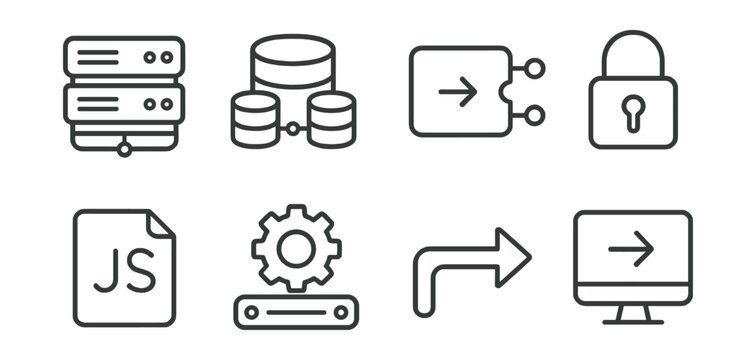 Set of server, database, flowchart, lock, JS file, gear, arrow, computer.