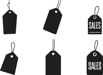 Collection of silhouette black price tags and sale labels icons vector illustrations
