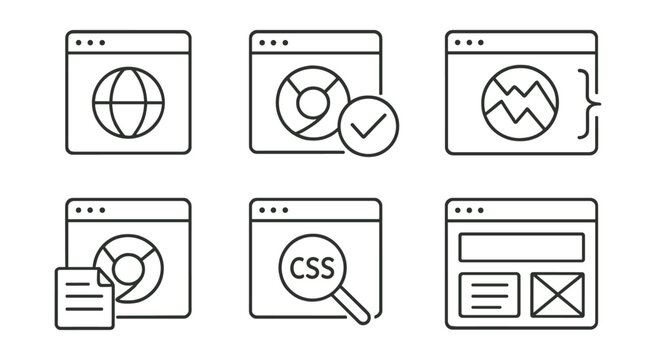 Flat vector icons of cross-browser compatibility: browser icons, CSS prefix, fallback design, rendering issue icon, browser test, compatibility report, emulation tool, polyfill.